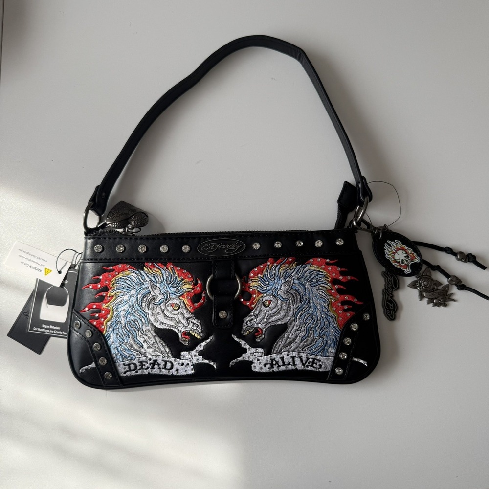 Ed Hardy Black Purse Bag Dead Alive Embroidered Horses Studded Bling Y2K Tattoo